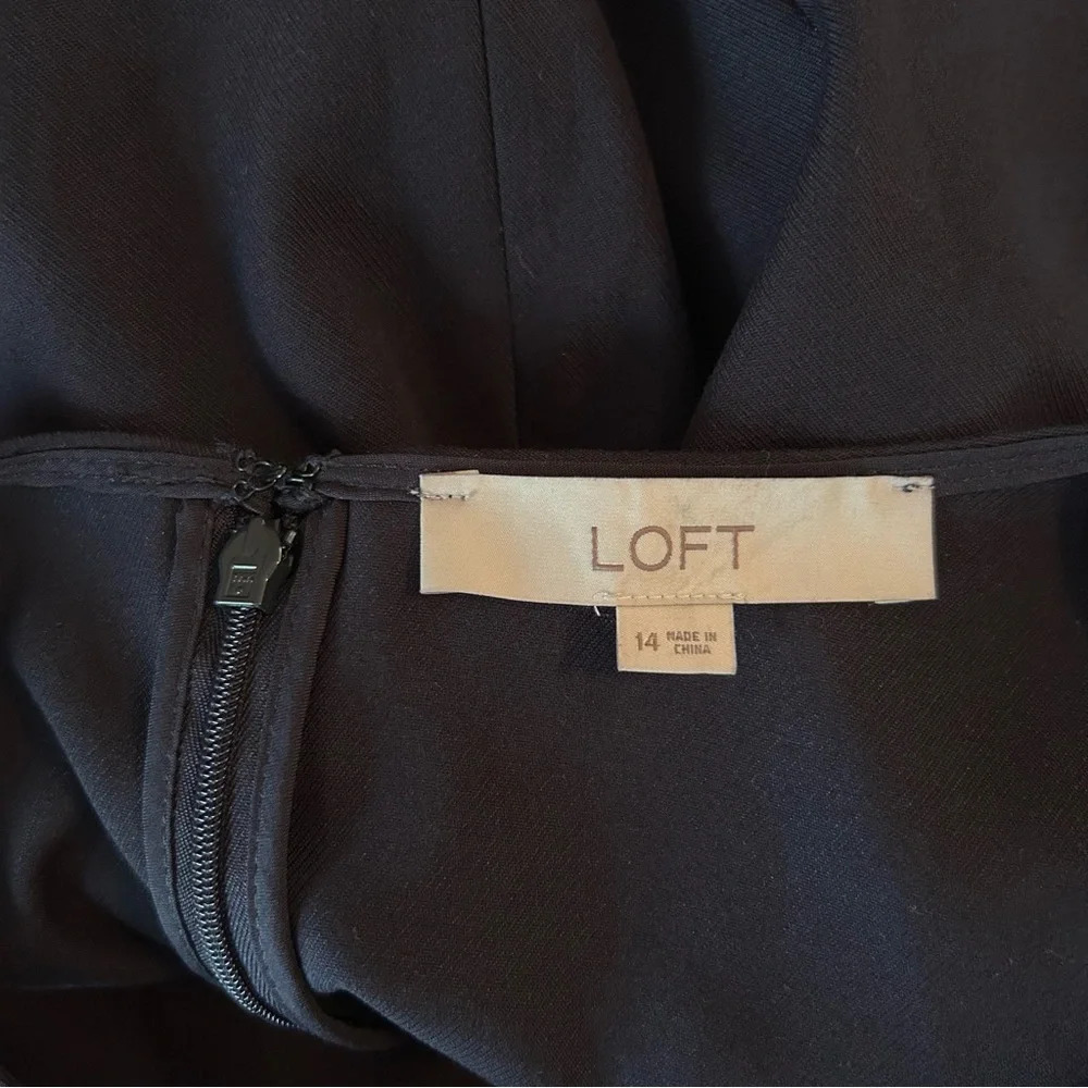Loft Womens 14 Navy Blue Gold Button Front Zip Back Sleeveless Ruffle Hem Dress - Picture 6 of 10